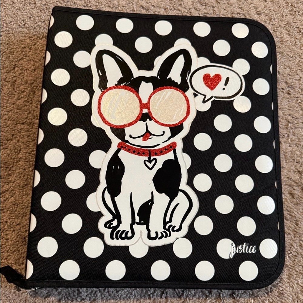 Justice French Bulldog Polka Dot Fabric Zip Binder Black /White Frenchie 3 rings